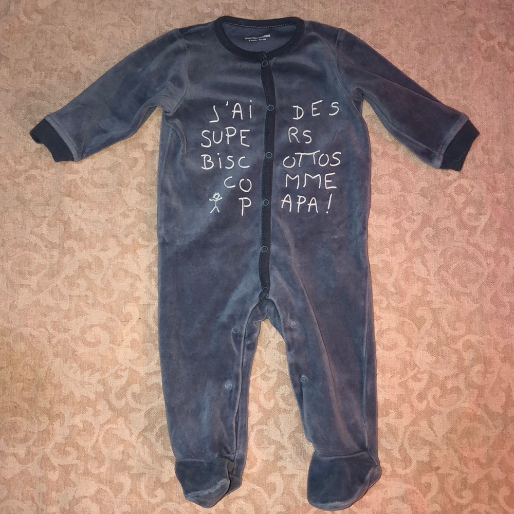 Vertbaudet blue gray velour footed outfit sleeper